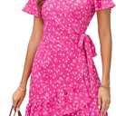 Naggoo Women's Summer Wrap V Neck Polka Dot Print Ruffle Short Sleeve Mini Floral Dress with Belt (X-Large, A Hot Pink)