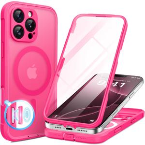 BERFY for iPhone 16 Pro Max Case, Compatible with MagSafe, Built-in 9H Tempered Glass Screen Protector and Camera Protection, Full Body Shockproof Matte Phone case for 16 Pro Max 6.9", Hot Pink