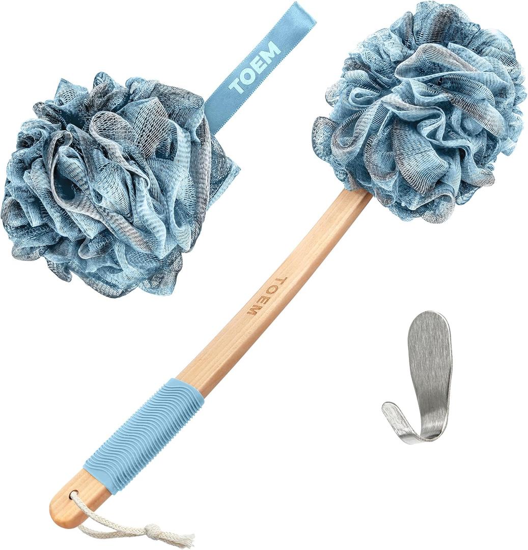 Toem® Loofah Back Scrubber for Shower | Bamboo Charcoal Fiber Infused | Loufas for Men & Women | Includes 1 Long Handled Shower Sponge, 1 Bath & Shower Luffa Pouf & 1 Hook to Hang Stuff (Sky Blue)