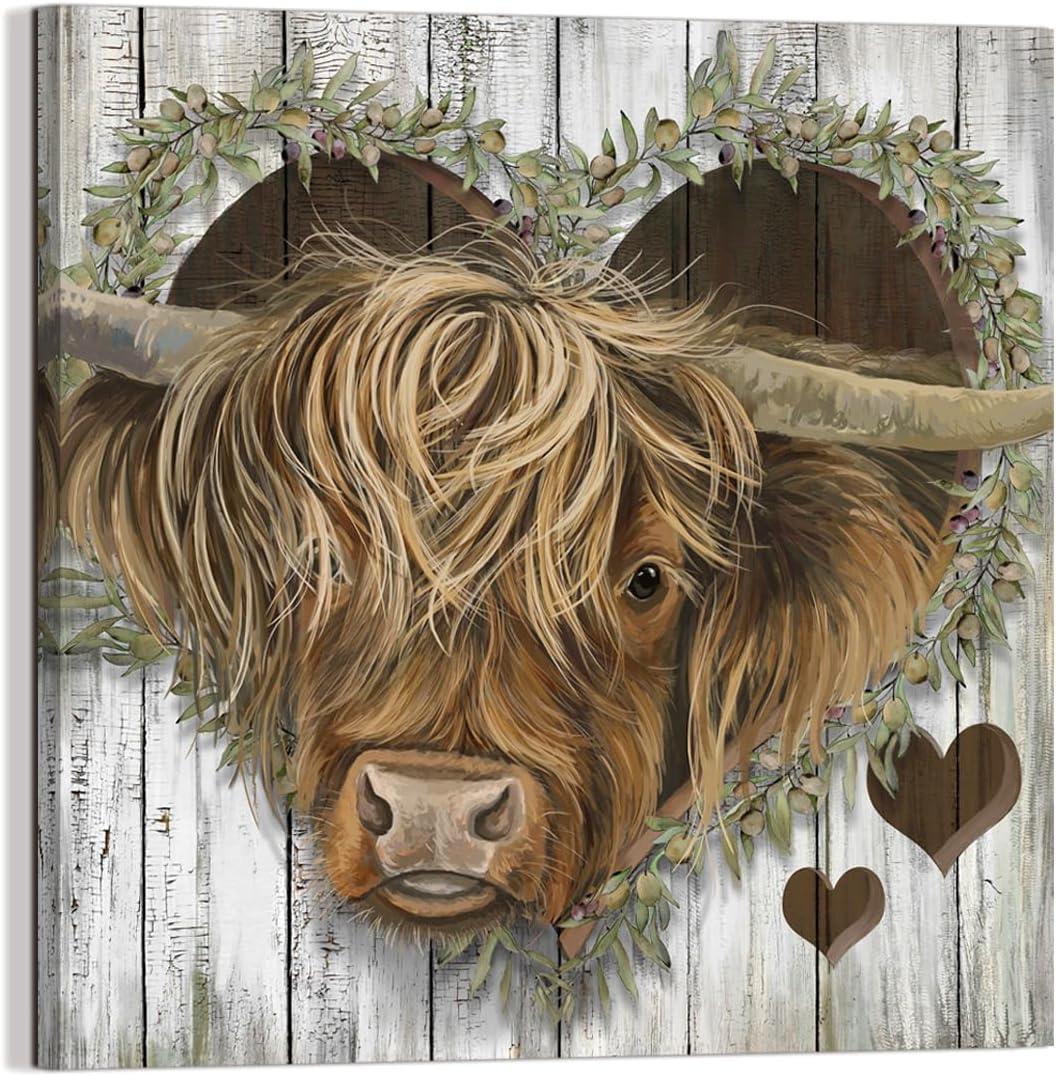 YUEYARIT Highland Cow Decor Canvas Print Art Farmhouse Picture Gifts to Hang in Bathroom, Diningroom, Livingroom, Office, Bedroom, Kitchen 12.00" x 12.00"