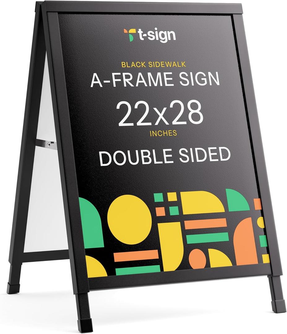 T-SIGN Outdoor A-Frame Sidewalk Sign 22x28 Inch Sandwich Board, Black Coated Steel Metal Double-Sided, Heavy Duty Slide-in Folding Frame Sign Holder, 2 Corrugated Plastic Poster Boards, Display Stand T-SIGN Outdoor A-Frame Sidewalk Sign 22x28 Inch Sandwich Board, Black Coated Steel Metal Double-Sided, Heavy Duty Slide-in Folding Frame Sign Holder, 2 Corrugated Plastic Poster Boards, Display Stand