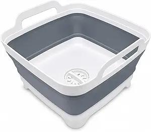 2.4 Gal(9L) Collapsible Dish Basin with Drain Plug, Space Saving Outdoor Multiuse Foldable Sink Tub, Dishpan, Kitchen Storage Tray for Camping, Vegetable Washing, RV (Gray)