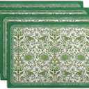 Green Floral Boho Placemats Set of 4, 12x18 Inch Vintage Chinoiserie Block Print Place Mats Seasonal Spring Summer Rustic Farmhouse Table Mats for Party Kitchen Dining Outdoor Indoor Decor