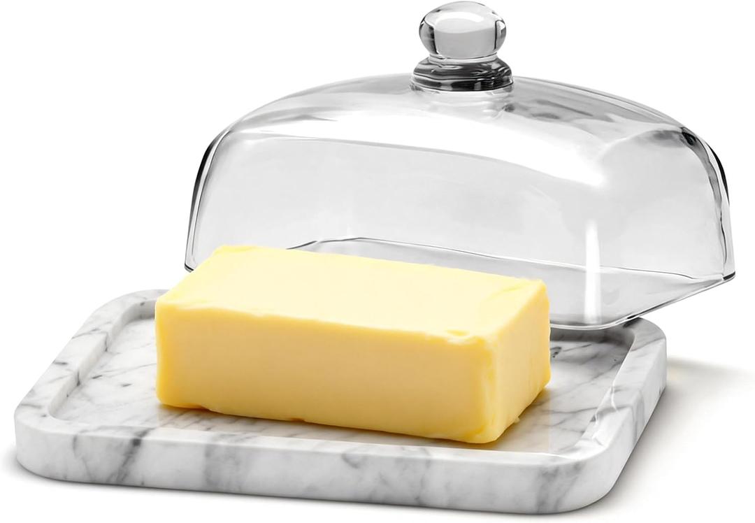 Marble Butter Dish with Lid, Elegant Large Capacity Butter Holder for Countertop & Refrigerator Natural Cool Surface Keeps Butter in an Ideal Spreadable State White Butter Container