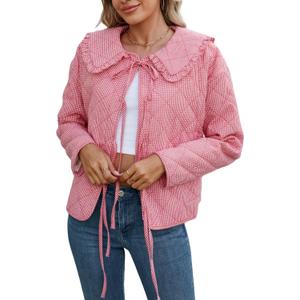 LifeShe Women Plaid Puffer Quilted Jacket Crop Tie Front Padded Coats Ruffled Lapel Collar Puffer Cardigan (Red, L)