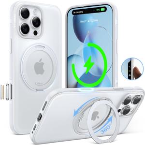 TORRAS 360 Ostand OFitness for iPhone 16 Pro Max Case with Stand [ Fit for MagSafe ][ Camera Control Button ][ Mil-Grade Protection ] Magnetic Kickstand, Translucent Glacier White, 6.9", Slim