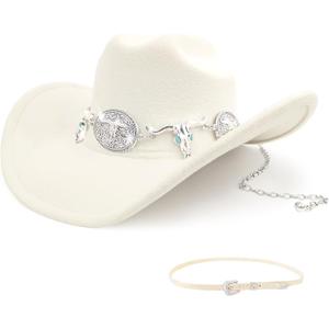 Classic Western Cowboy Hat for Men & Women, Felt Cowgirl Hat with Two Decorative Bands, Wide Brim All-Season Wear (White)