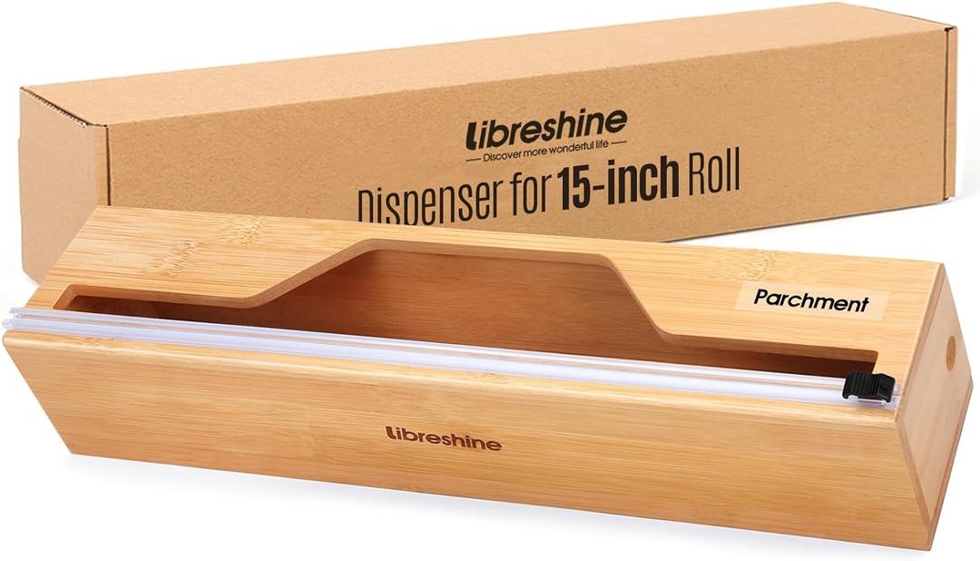 Libreshine 15 Inch Parchment Paper Dispenser with Cutter for Costco-Sized Roll, Bamboo Kitchen Drawer Organizer for Foil & Wax Paper, Wall-Mounted Large Food Wrap Holder