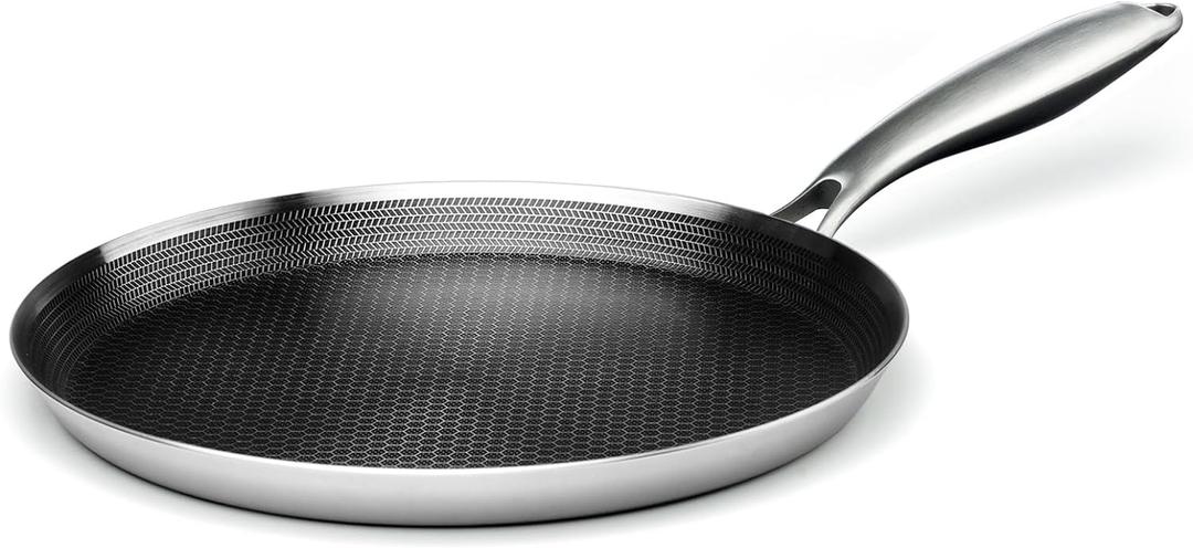 Stainless Steel Crepe Pan - 11inch Nonstick Crepe Pan, Stainless Steel Honeycomb Coating Pancake Pan, Non Stick Flat Skillet Tawa Dosa Tortilla Griddle Pan, Induction Compatible, PFOA Free (11 Inch, Silver)