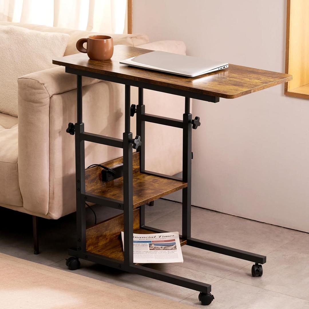 C Shaped End Table Height Adjustable - Couch Side Table with Charging Station, TV Tray with Wheels Slide Under Sofa for Small Spaces, Living Room Bedroom, Rustic Brown