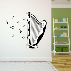 Design With Vinyl Music Wall Decal Rocking Harp Silhouette with Musical Notations on White Background Removable - Size: 20 in x 18 in