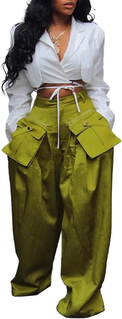 DINGANG Women's Wide Leg Satin Cargo Pants High Waisted Casual Trousers (Green, L)