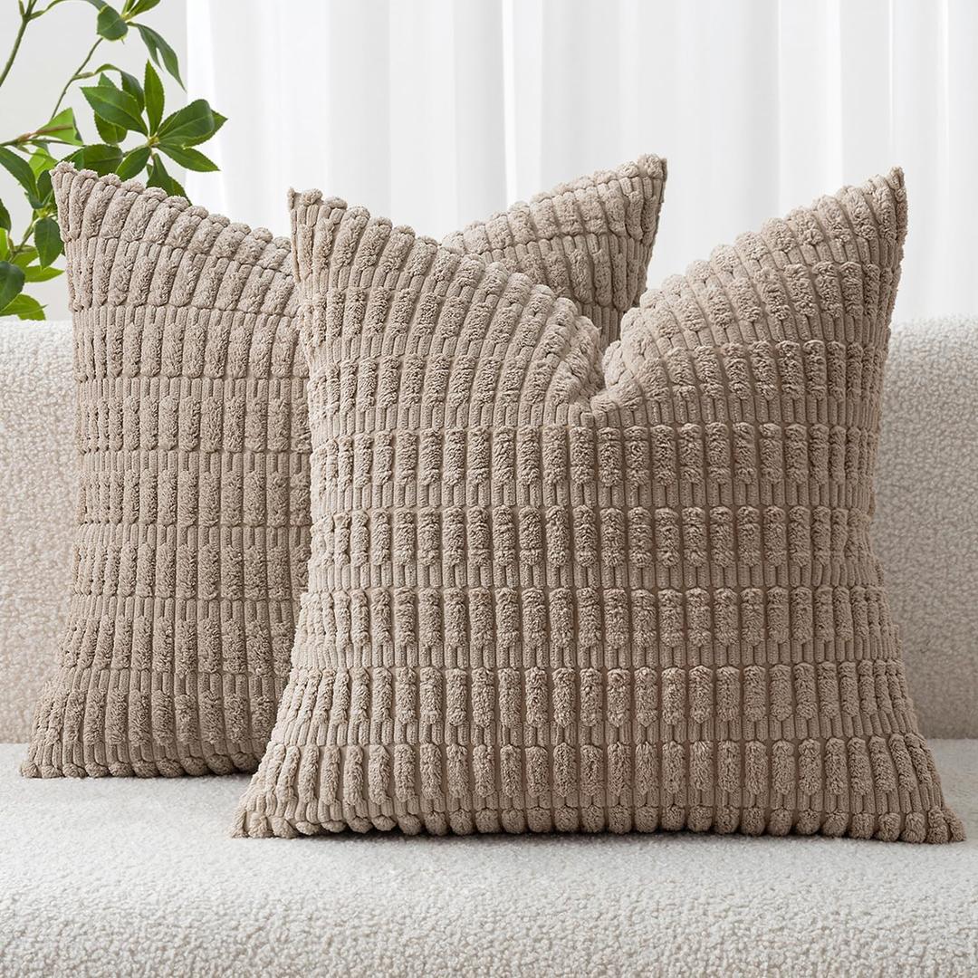 MIULEE Pack of 2 Corduroy Decorative Throw Pillow Covers 20x20 Inch Soft Boho Striped Pillow Covers Modern Farmhouse Home Decor for Sofa Living Room Couch Bed Light Brown