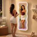 Fiqevs Wall/Door Mirror Jewelry Cabinet, Remote Control RGB Lighted Mirror | Over Door Hanging Jewelry Organizer with Full-Length Mirror and Storage, Wavy Lockable Jewelry Armoire, White