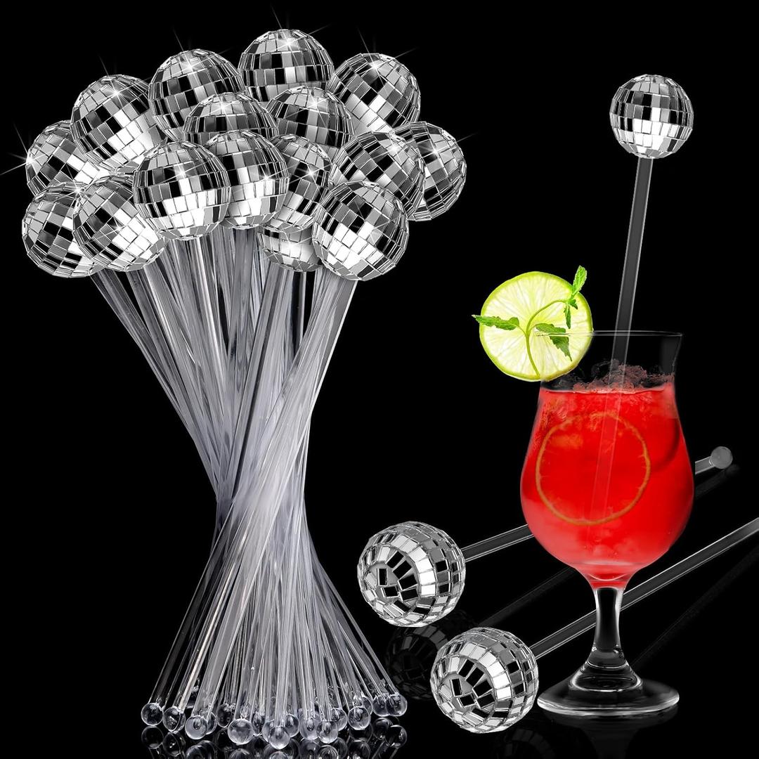 Sawysine 48 Pcs Disco Balls Cocktail Stirrers Plastic Round Top Swizzle Sticks Mirror Disco Ball Stir Sticks Decorative Straws Drink Stirrers for 1970s Party Home Bar Coffee Shop Use(Clear)