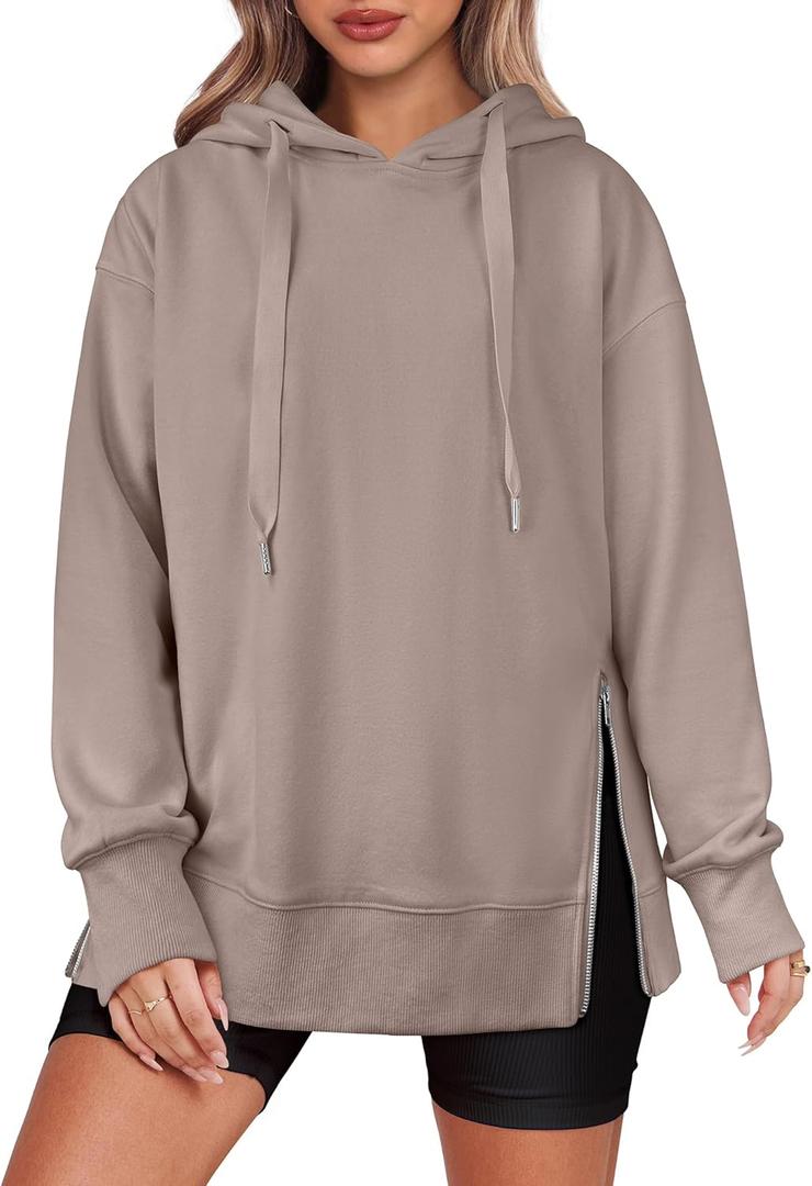 ANRABESS Women Oversized Hoodies Side Zipper Fleece Long Sweatshirts Lightweight Tunic Pullover 2025 Fall Trendy Clothes (Large, Khaki)