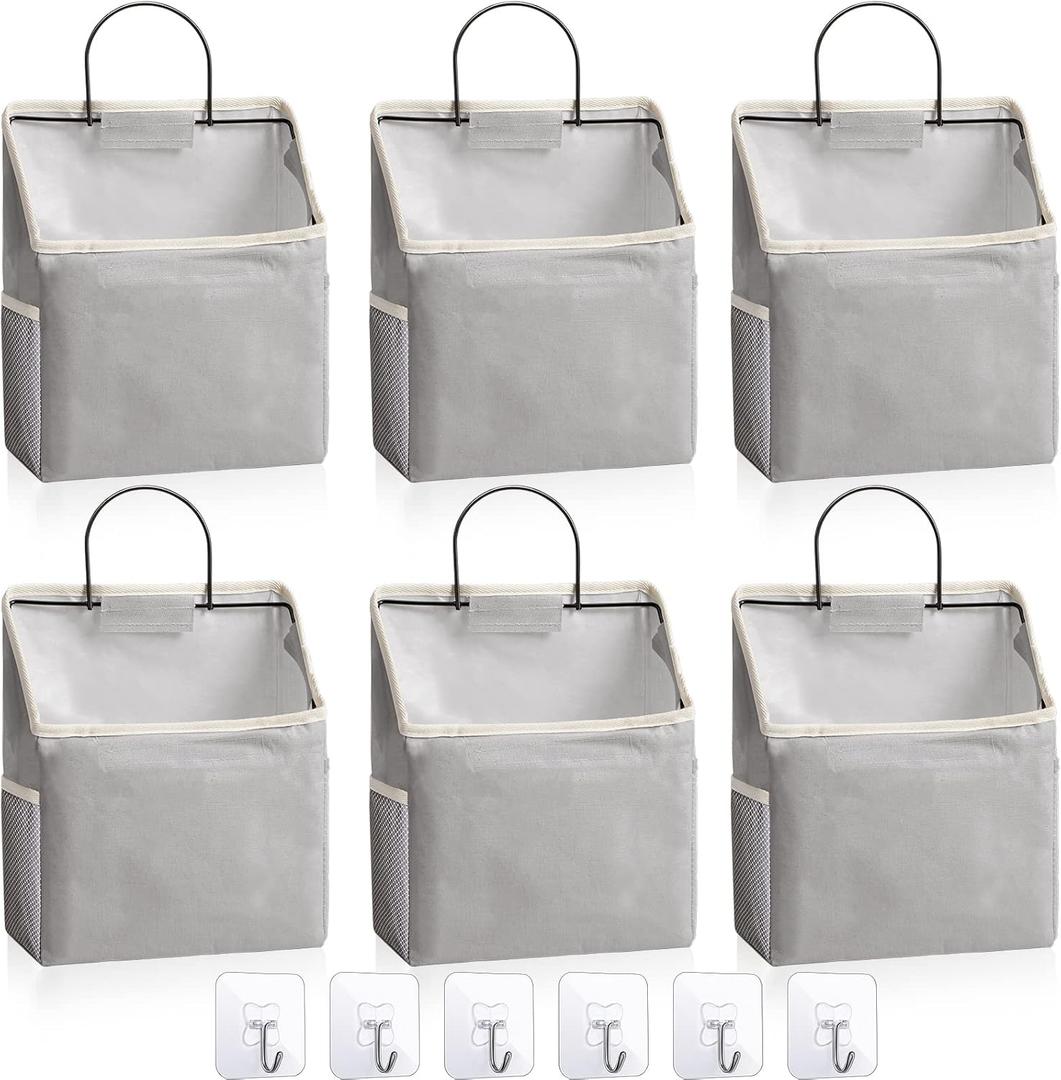 Chumia 6 Pack Wall Hanging Storage Basket Bathroom Closet Hanging Storage Bag over the Door Organizer Basket Bedroom Wall Organizer Waterproof Linen Cotton Box Containers and 10 Hooks(Grey)
