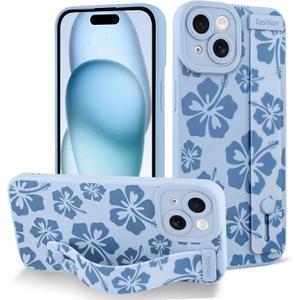 Fiyart Designed for iPhone 15 Plus Case Cute Flowers with Strap Soft TPU Phone Cover Protective Camera Lens Protection for Women Men Floral Bumper with Stand 6.7"-Blue