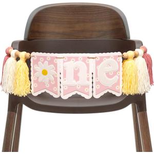 Daisy One High Chair Banner - Spring Theme Birthday Celebration Decorations Pink Floral Banner for Baby