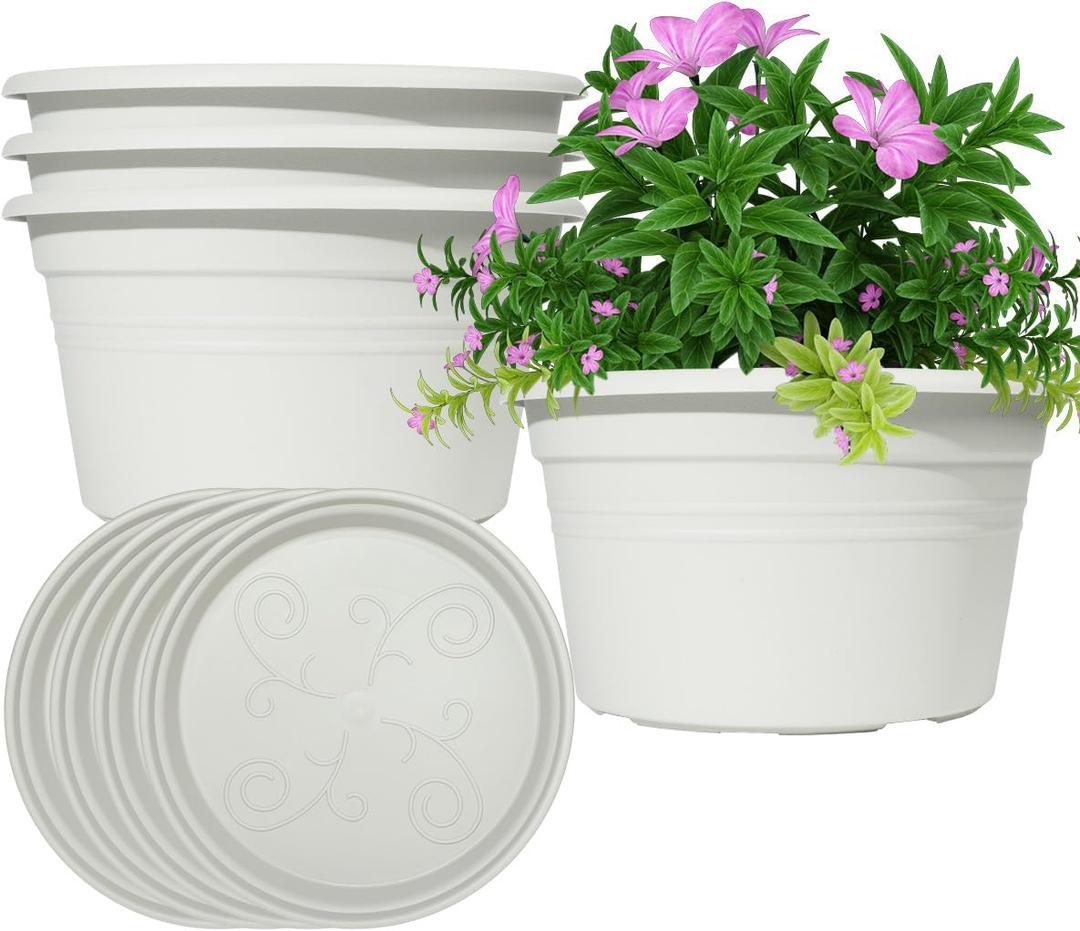 VIDELLY 10 Inch Flower Pots 4-Pack, Plastic Planters with Drainage Hole & Tray, Indoor Outdoor Plant Pots for House Plants, Garden, Patio, Office, Home Decor  Modern Decorative Plant Containers (Beige)