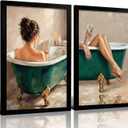 LDXCJXOR Woman in Bathtub Bathroom Wall Art, 2-Pcs Black Framed Canvas Painting, Relaxing Green Tub Wall Decor for Bathroom Powder Room, 12x16 Inch Ready to Hang