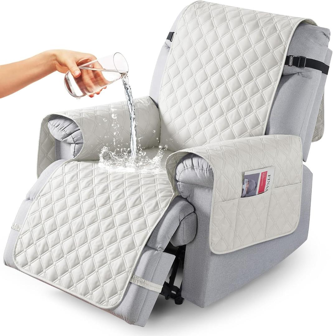 TAOCOCO 100% Waterproof Recliner Covers, Recliner Sofa Covers with Leg Straps, Reversible Recliner Couch Cover for Reclining Chair, Washable Couch Protector for Pets Kids(1 Seater 22", Off Whit)