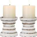 Candle Holder for Pillar Candle Set of 2, Farmhouse Wood Candle Holder, Rustic Wooden Candle Stand, Vintage Small Wooden Candlestick Holders for Living Room, Table Centerpiece, Rustic White