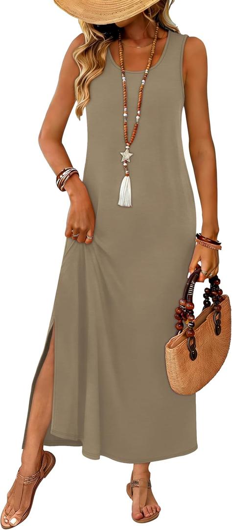 WIHOLL Maxi Dress Summer Dresses 2026 Beach Vacation Clothes Sleeveless Sundresses with Pockets Boho (XXL)