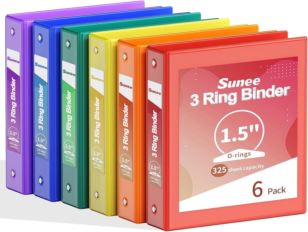 SUNEE 1.5 Inch Binders 3 Ring 6 Pack, Clear View Three Ring 1 1/2 Inch Binders PVC-Free (Fit 8.5x11 Inches) for School or Office Supplies, Classic 6 Colors
