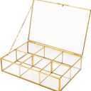 HighFree Gold Glass Tea Bag Organizer, Tea bag Storage Glass Box with Lid, Counter Top Collection Box for Tea Bags, Surgar Bags & Coffee Bags, Clear Keepsake Display Box (6 Compartments)