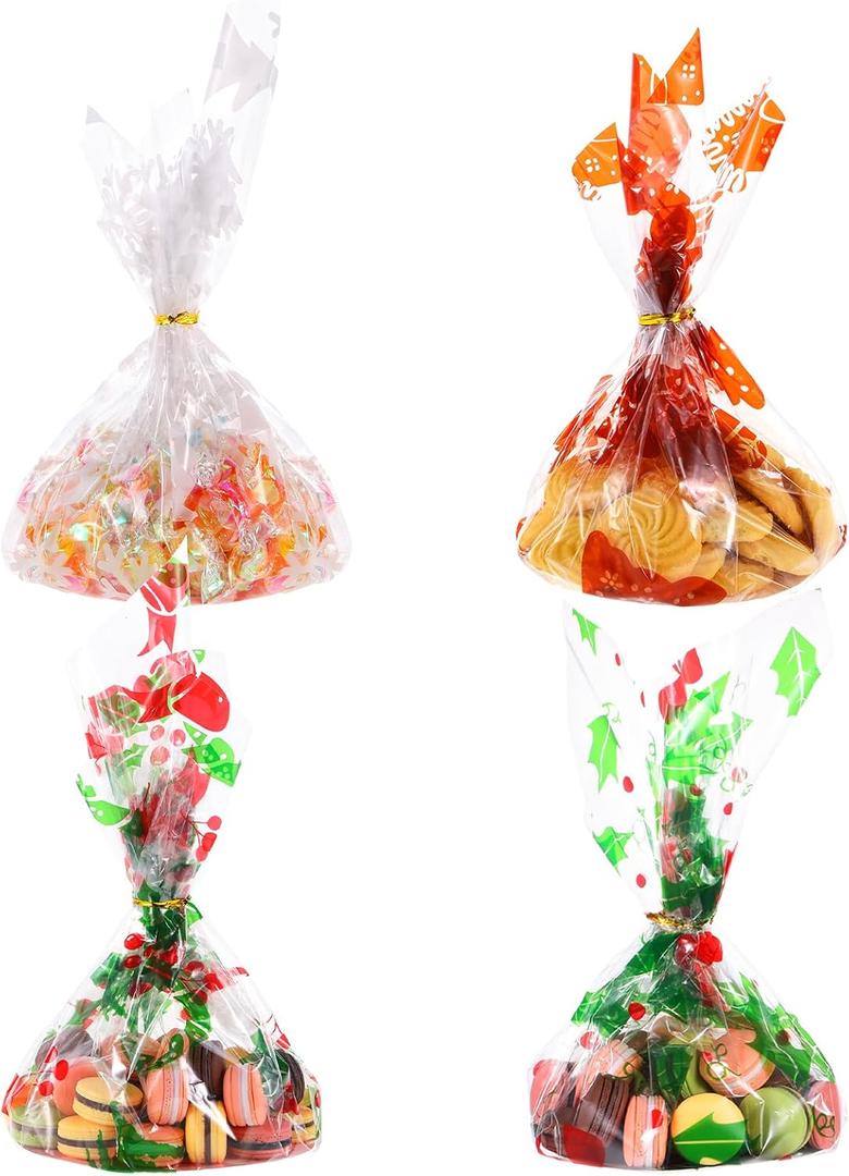 DANHMAO 48 Pcs Christmas Cellophane Cookie Tray Bags Clear Cello Tray Bag 15.5 x 18 Christmas Cookie Bags with Twist-Ties for Xmas Party Favors, Baking Gifts & Family Gatherings