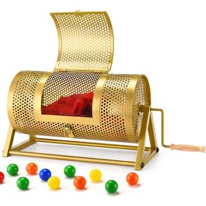 Raffle Drum, Thickened Metal Raffle Ticket Spinner Box with Sealing Tape, Silent Design Raffle Ticket Cage with Wooden Turning Handle & Stable Tripod Stand for Lottery Games, Raffle Balls