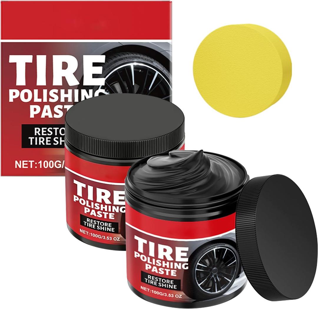 2Pcs Car Tire Shine with Sponge,Tire Coating Paste,Tire Polishing Paste,Ungraded Long-Lasting Tire Dressing with Wet Gloss Look Finish for Car, Truck, Motorcycle, RV & More
