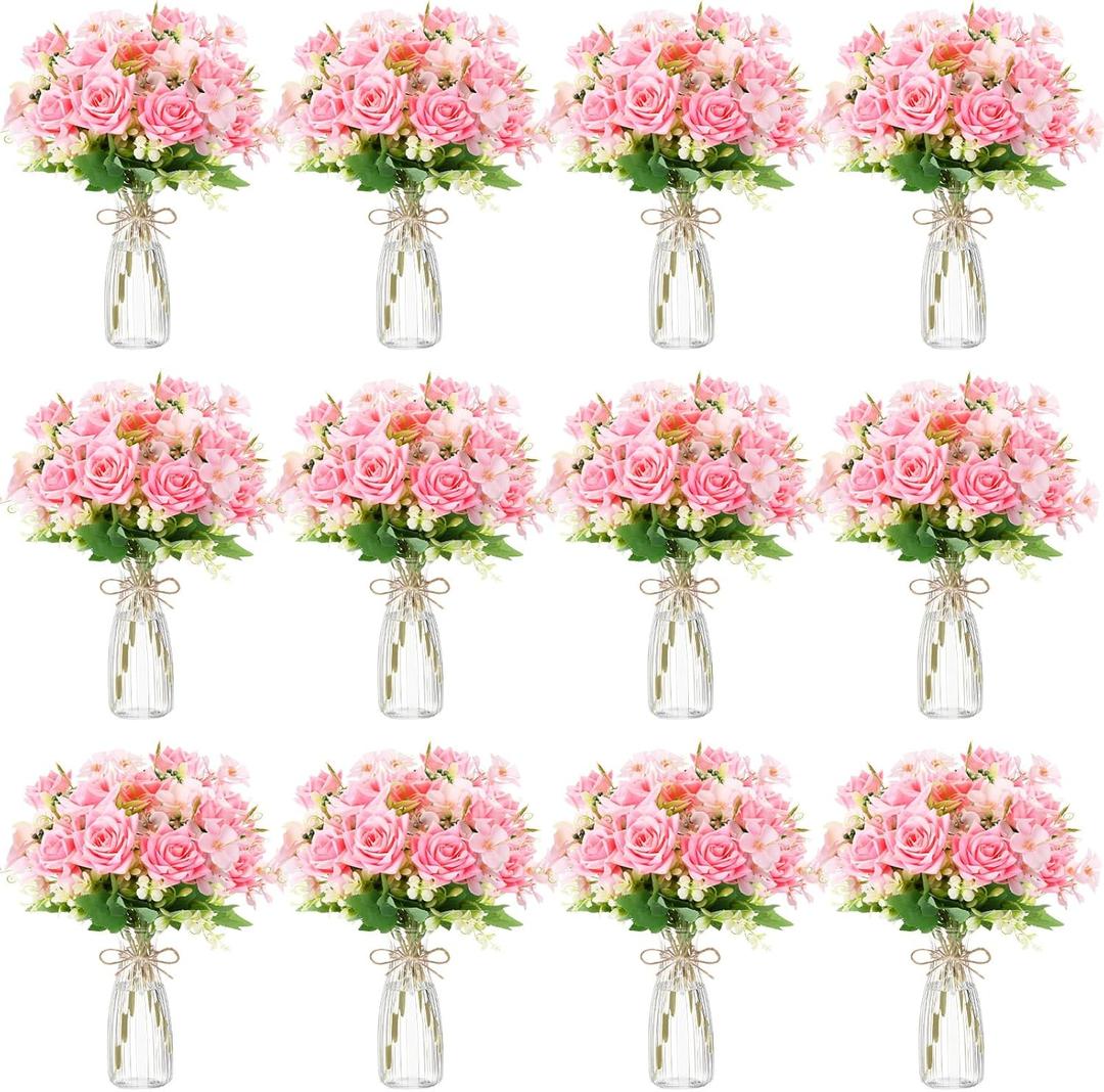 36 Pack Artificial Mini Rose Flowers with Vase Bulk, 24 Bundles Silk Rose Flower Artificial Bouquet 12 Plastic Vase with Rope Table Centerpiece Arrangement Wedding Party Deco(Light Pink)