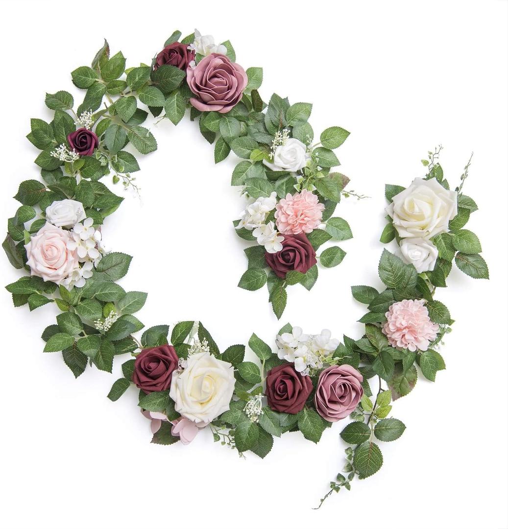 Ling's Moment 5FT Dusty Rose Artificial Flower Garland Blush Rose Leaves Floral Garland Arch Flowers Vine for Wedding Party Backdrop Decor Mantel Home Table Centerpieces Wall Decorations Cream