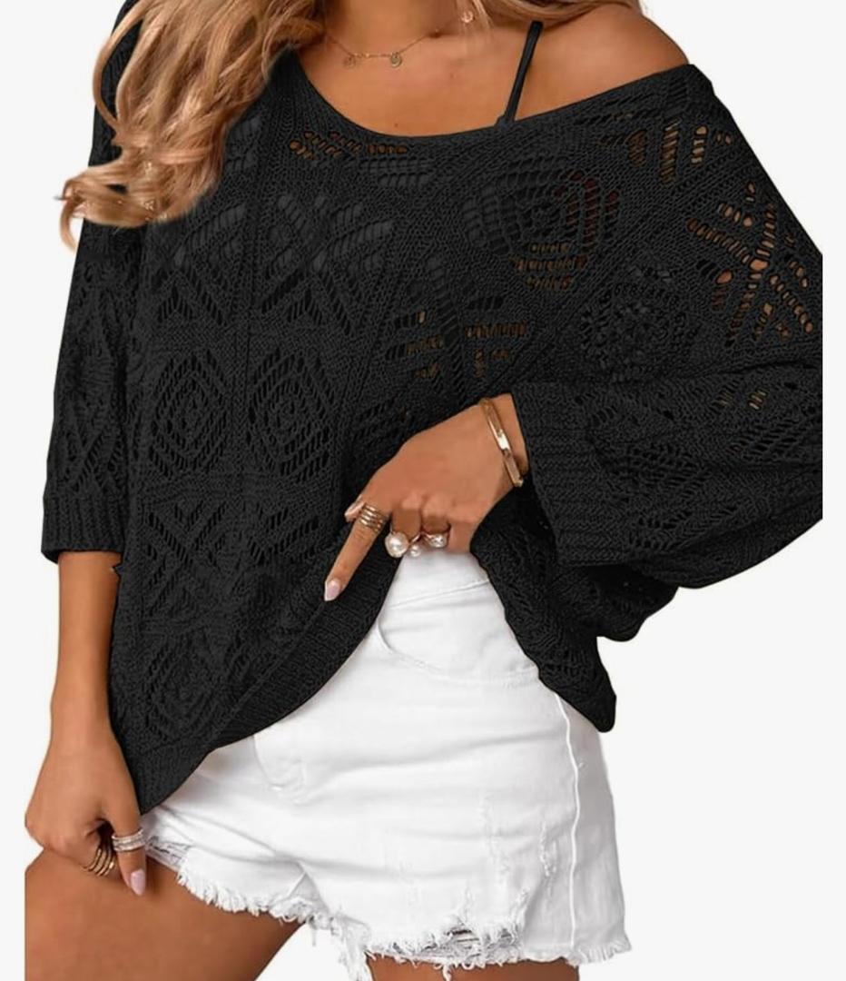Zeagoo Women's Summer Crochet Off The Shoulder Hollow Out Knit Tops 2025 V Neck 3/4 Sleeve Sweater Top Size Large