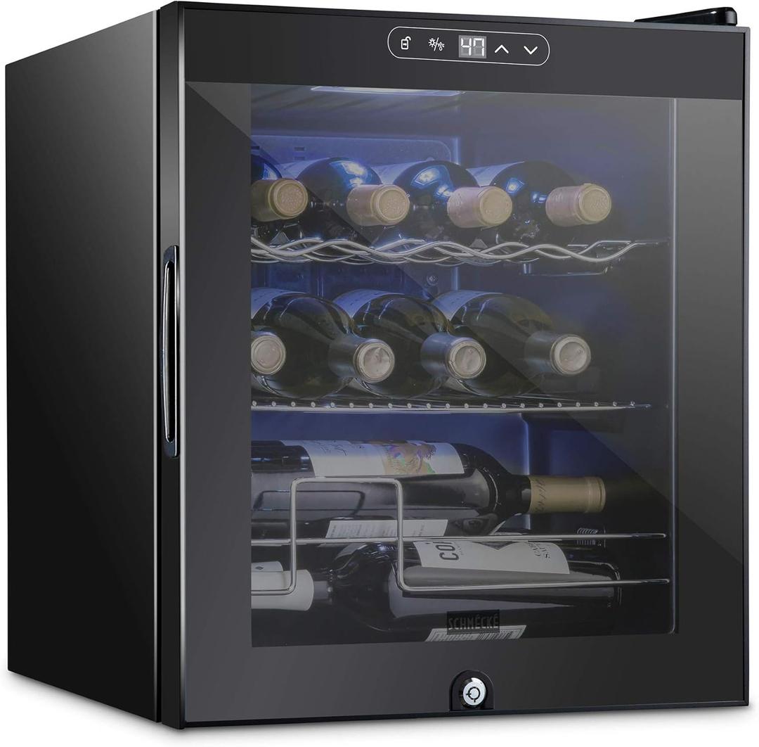 Schmecke 12 Bottle Compressor Wine Cooler Refrigerator w/Lock | Large Freestanding Wine Cellar | 41f-64f Digital Temperature Control Wine Fridge For Red, White, Champagne or Sparkling Wine - Black (12 Bottle Cube Single Zone)