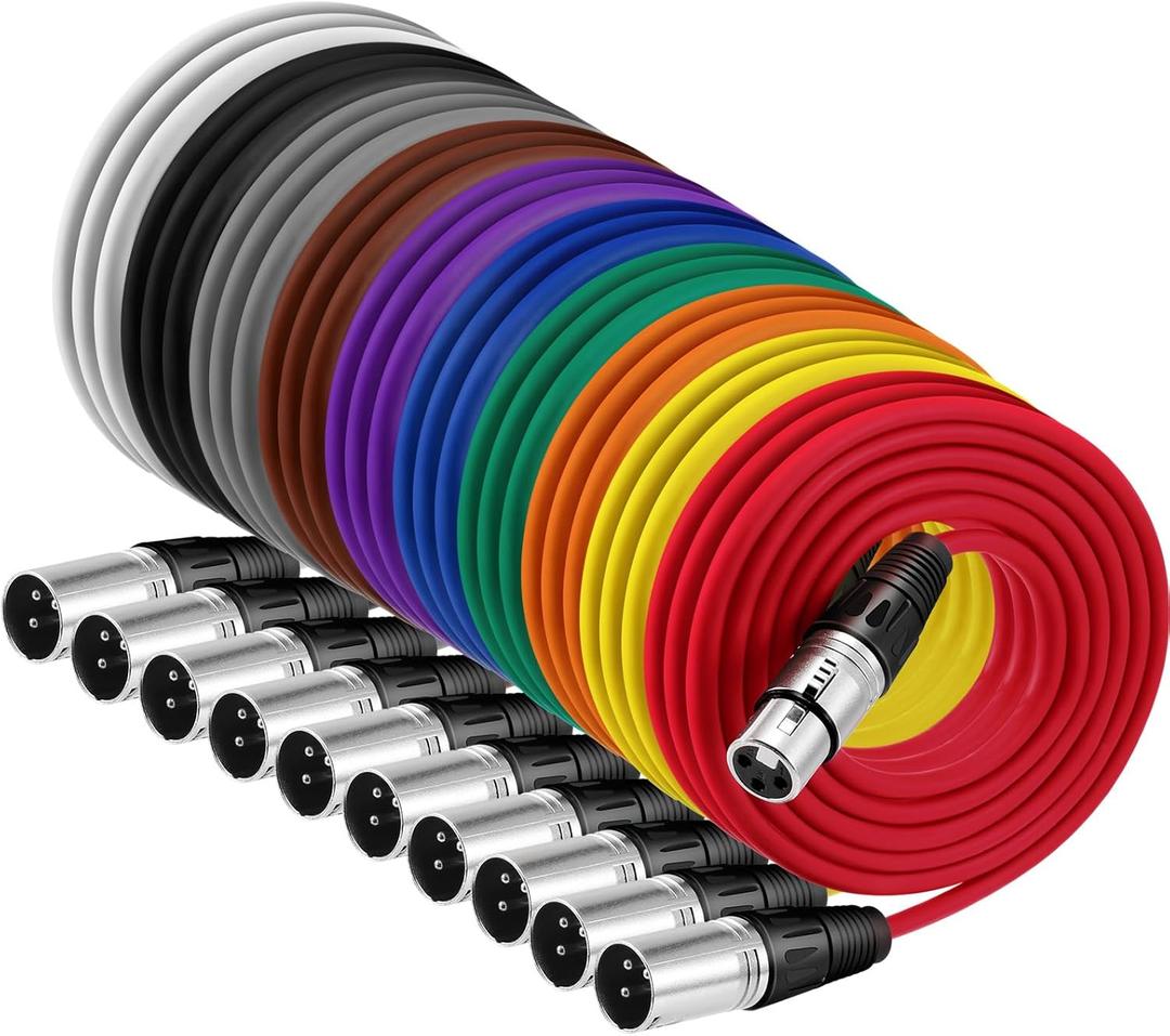 10 Pack XLR 6 ft Mixed Color Cables 3 Pins Balanced Rainbow Microphone Mic Cable Male to Female Mic Cable for Microphone, Mixer, Recording Studio, Podcast