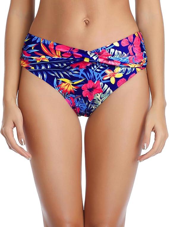Tempt Me Women Twist Bikini Bottom Moderate High Cut Bathing Suit Bottoms Ruched Swimsuit Bottom, Size M