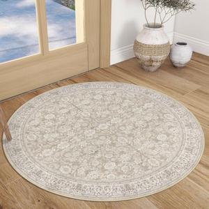 SIILOOM 3' Round Rug Washable Rug for Entryway, Cream Beige Yellow White Grey Soft Non-Slip Area Rugs Distressed Floral Low-Pile Carpet, Neutral Vintage Circle Rugs for Living Room Bedroom Foyer