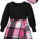 AGAPENG Girl Skirt Sets 3 Piece Outfits Square Neck Jacquard Puff Sleeve Tops Plaid Mini Skirt Shorts Fall Winter Clothes (11-12 Years, Black + Hot Pink Plaid)