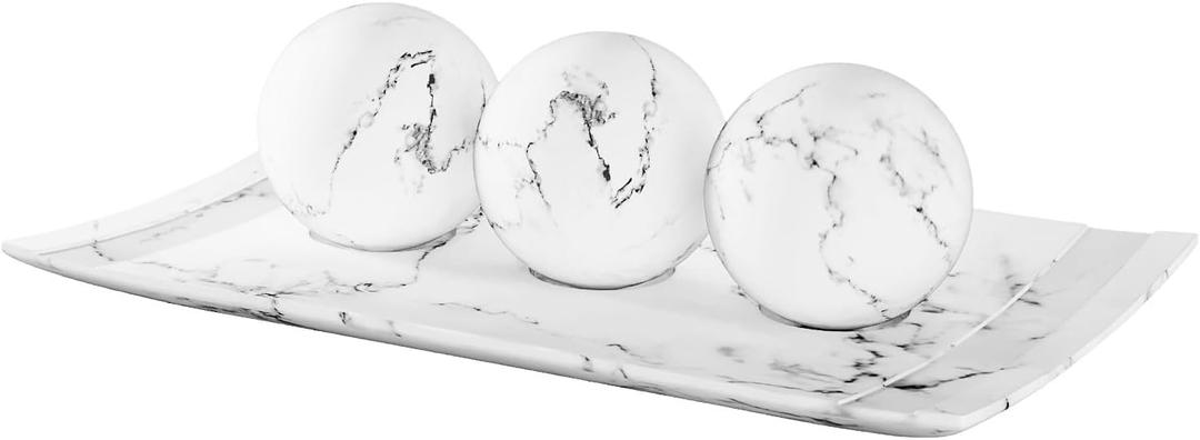 Creative Scents White Marble Look Home Decor Tray and Orb Set Coffee Table Decor for Living Room Centerpiece Table Decorations for Dining Table, Kitchen, Foyer, Entryway Elegant House Decoration