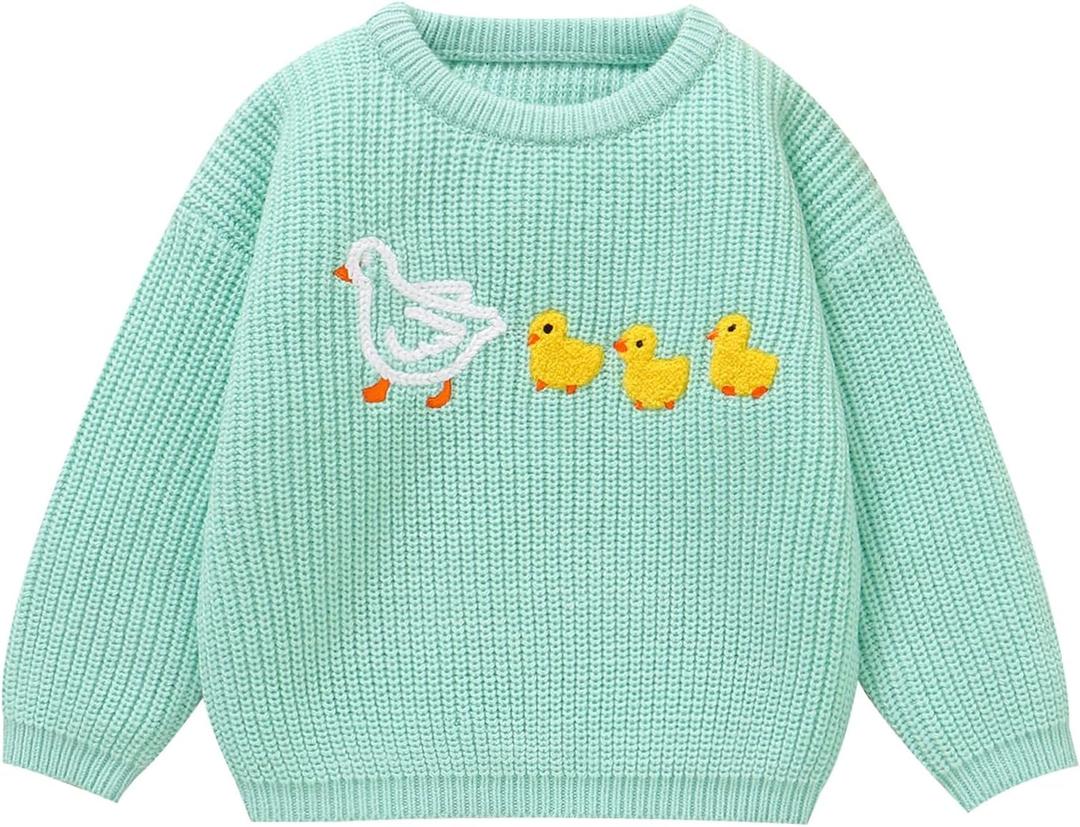 Toddler Girl/Boy Sweater Cute Ducks Hand Embroidered Sweater Fall Winter Outfit 1-5Y (Pink)