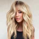 KOME Ombre Blonde Wig with Bangs,Blonde Highlight Wavy Wigs for Women,Shoulder Length Curly Synthetic Hair Wig for Party Daily Use 18IN…
