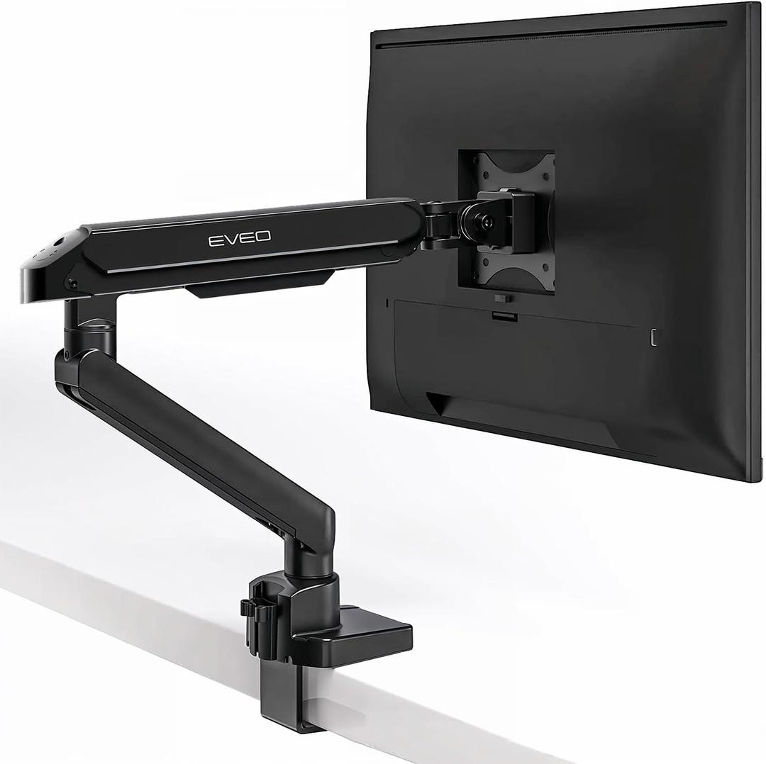 EVEO Premium Single Monitor Arm 14"34", Adjustable Gas Spring Monitor Mount, Single Arm Desk Mount for 34 Inch Computer Screens, VESA Compatible Stand with Clamp and Grommet Base  Black