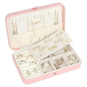 Hatori Travel Jewelry Case for Women, Portable PU Leather Travel Jewelry Organizer Box for Necklace Earrings Ring Bracelet, Small Jewelry Box Gifts for Teen, Girls, Moms and Daughters, Pink.
