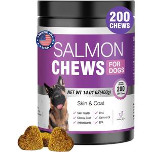 Omega 3 Skin and Coat Supplement for Dogs 200 Chews Dog Fish Oil Supplements with EPA & DHA Fatty Acids Dry Skin Relief for Dogs Shedding Allergy Itching Promotes Heart Hip Joint Health