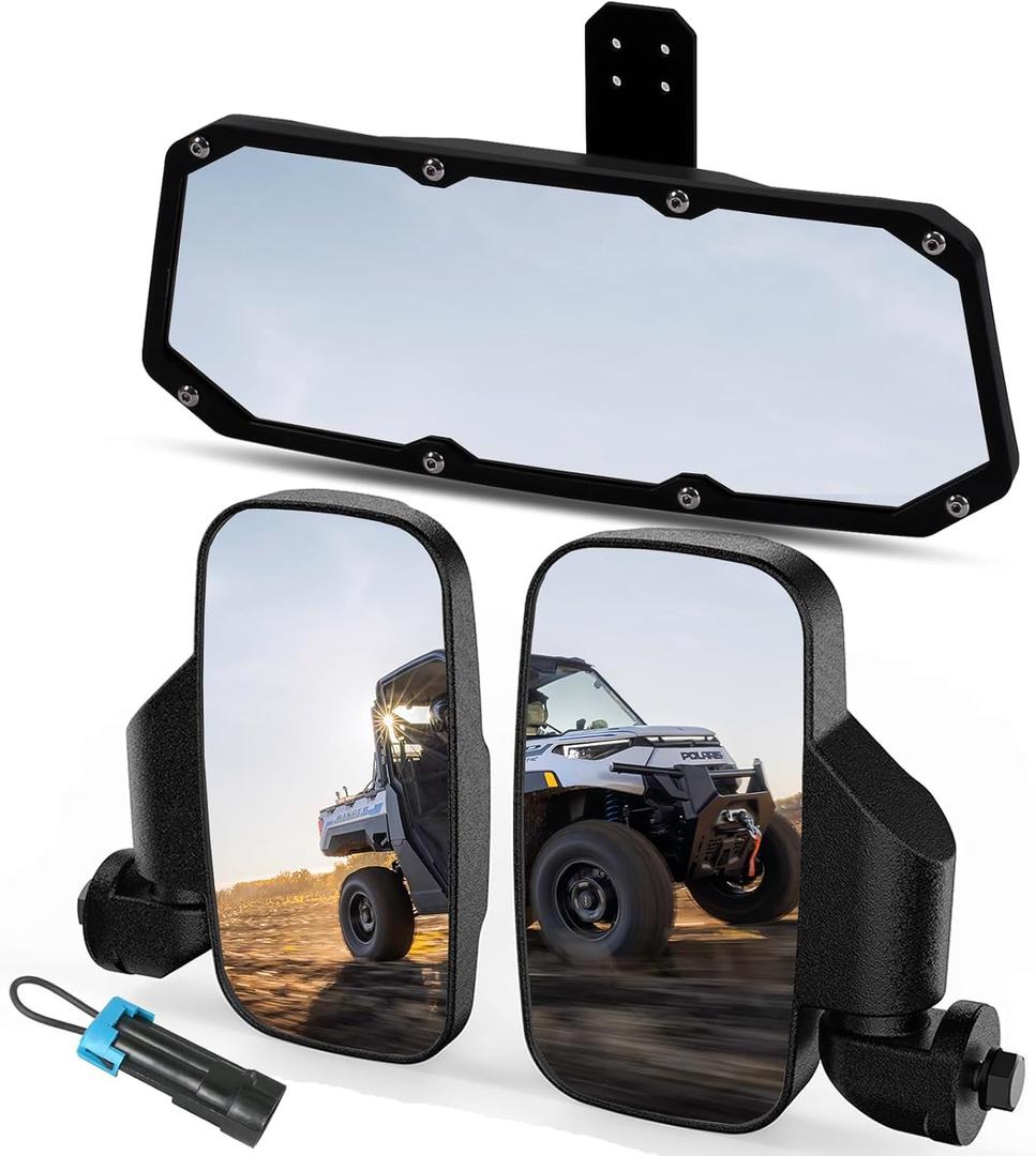 UTV Ranger Rear View Mirror And Side Mirrors Set Compatible With 2015-2024 Polaris Ranger 500 570 900 1000 XP Crew Accessories w/Pro-Fit Profiled Tube UTV Accessories(Includes 1 PCS Seat Belt Bypass)