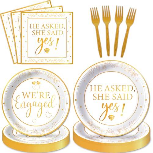100Pcs Happy Engagement Party Decorations White Gold Engaged Tableware Set She Said Yes Paper Plates Napkins Forks for 25 Guests Engagement Wedding Disposable Dinnerware Table Party Supplies Favors