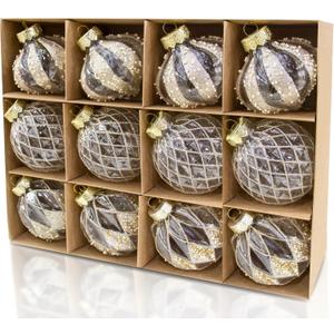 12 PCS Clear and Champagne Christmas Ball Ornaments, 80mm/3.15 Inches Rustic Farmhouse Christmas Decorations, Large Shatterproof Luxury Hand-Painted Xmas Ornaments for Christmas Tree, Wedding